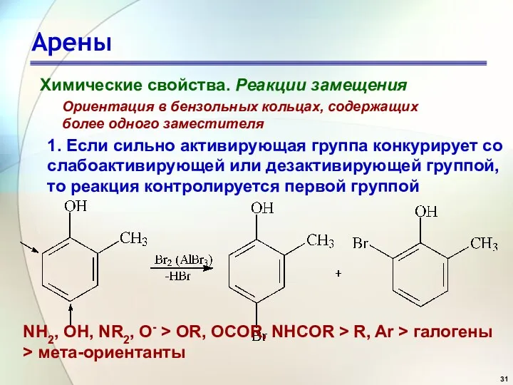 Арены Химические свойства. Реакции замещения Ориентация в бензольных кольцах, содержащих