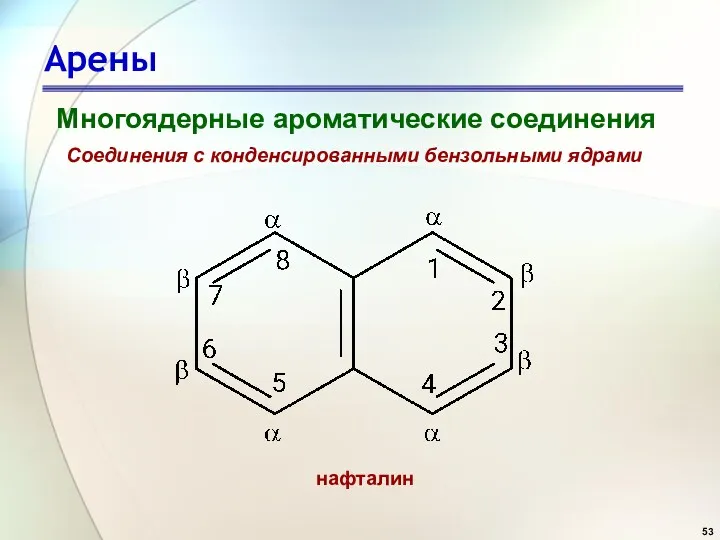 Арены Многоядерные ароматические соединения Соединения с конденсированными бензольными ядрами нафталин