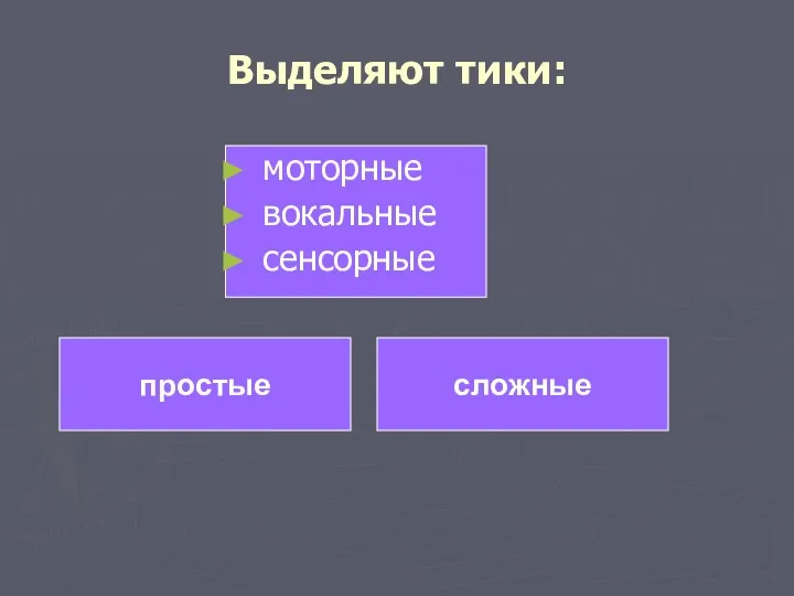 Выделяют тики: моторные вокальные сенсорные простые сложные