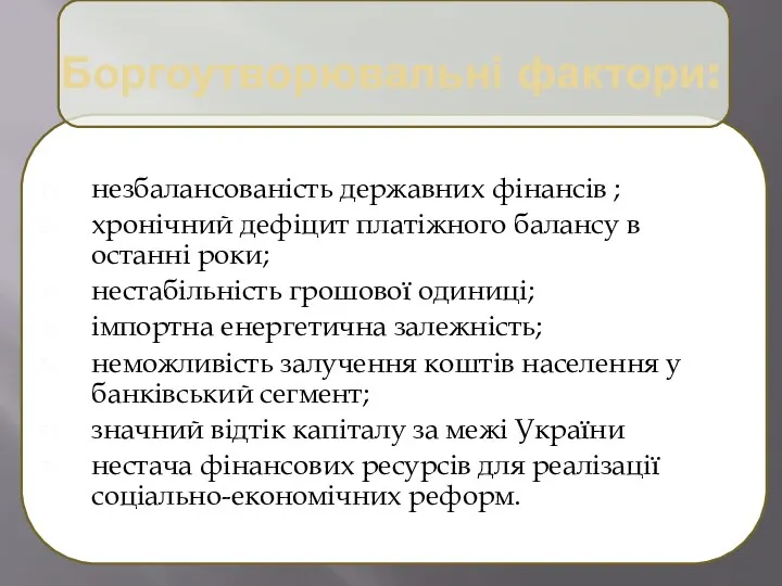 Боргоутворювальні фактори: незбалансованість державних фінансів ; хронічний дефіцит платіжного балансу