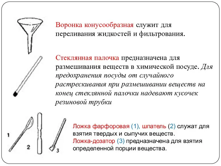 Воронка конусообразная служит для переливания жидкостей и фильтрования. Стеклянная палочка