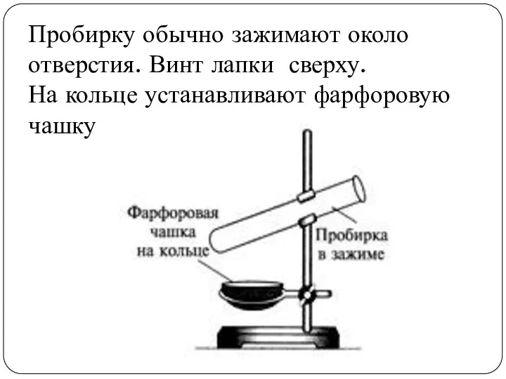 Пробирку обычно зажимают около отверстия. Винт лапки сверху. На кольце устанавливают фарфоровую чашку