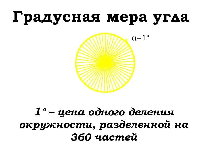 Градусная мера угла 1° – цена одного деления окружности, разделенной на 360 частей α=1°