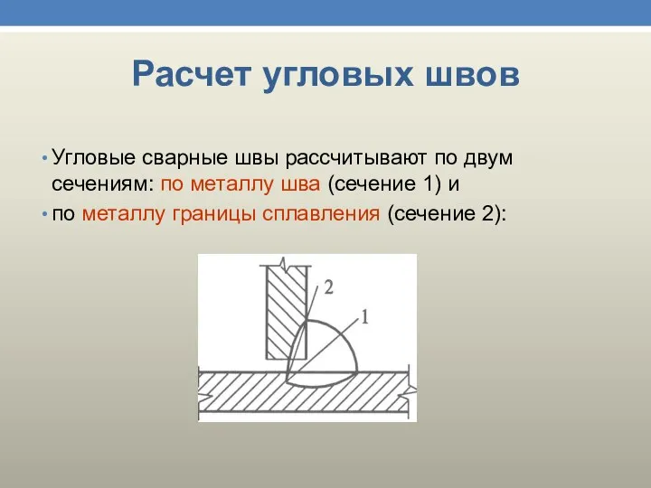 Расчет угловых швов Угловые сварные швы рассчитывают по двум сечениям: