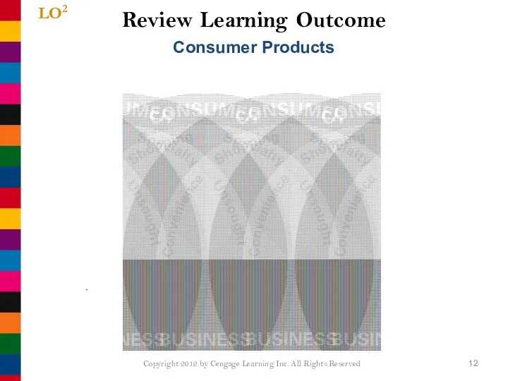 Review Learning Outcome LO2 Consumer Products Copyright 2012 by Cengage Learning Inc. All Rights Reserved