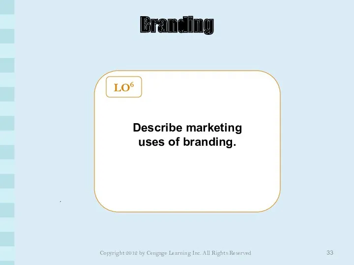 Branding Describe marketing uses of branding. LO6 Copyright 2012 by Cengage Learning Inc. All Rights Reserved