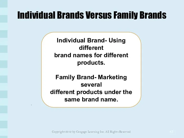 Individual Brands Versus Family Brands Individual Brand- Using different brand