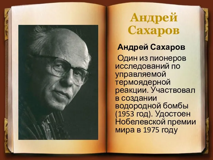 Андрей Сахаров Андрей Сахаров Один из пионеров исследований по управляемой