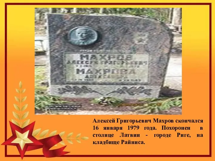 Алексей Григорьевич Махров скончался 16 января 1979 года. Похоронен в