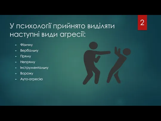 У психології прийнято виділяти наступні види агресії: Фізичну Вербальну Пряму Непряму Інструментальну Ворожу Ауто-агресію 2