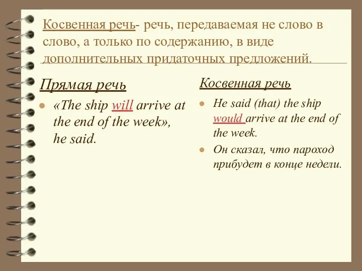 Косвенная речь- речь, передаваемая не слово в слово, а только