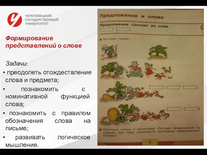 Формирование представлений о слове Задачи: преодолеть отождествление слова и предмета;