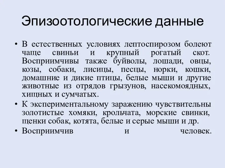 Эпизоотологические данные В естественных условиях лептоспирозом болеют чаще свиньи и