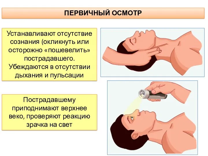 ПЕРВИЧНЫЙ ОСМОТР Устанавливают отсутствие сознания (окликнуть или осторожно «пошевелить» пострадавшего.