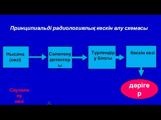 Принципиальді радиологиялық кескін алу схемасы дәрігер Сәулелену көзі Нысана (көзі) Сәлелену детекторы Түрлендіру блогы Кескін көзі