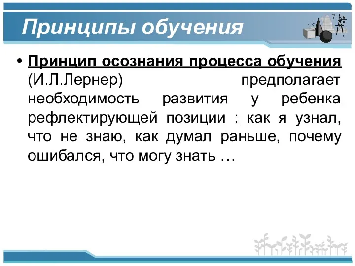 Принципы обучения Принцип осознания процесса обучения (И.Л.Лернер) предполагает необходимость развития