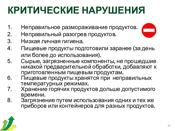 КРИТИЧЕСКИЕ НАРУШЕНИЯ Неправильное размораживание продуктов. Неправильный разогрев продуктов. Низкая личная