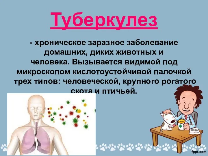Туберкулез - хроническое заразное заболевание домашних, диких животных и человека.