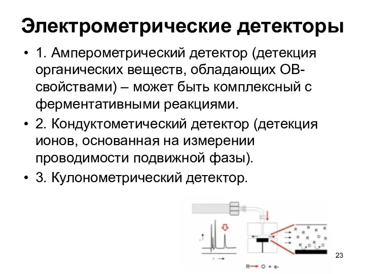 Электрометрические детекторы 1. Амперометрический детектор (детекция органических веществ, обладающих ОВ-свойствами)