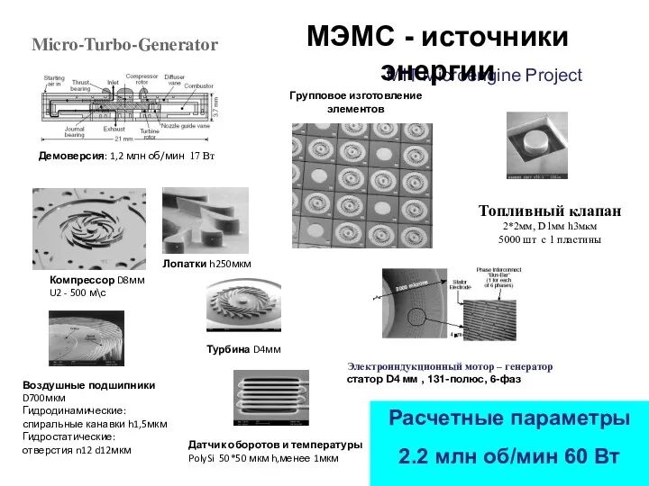 Micro-Turbo-Generator MIT Microengine Project Демоверсия: 1,2 млн об/мин 17 Вт Компрессор D8мм U2