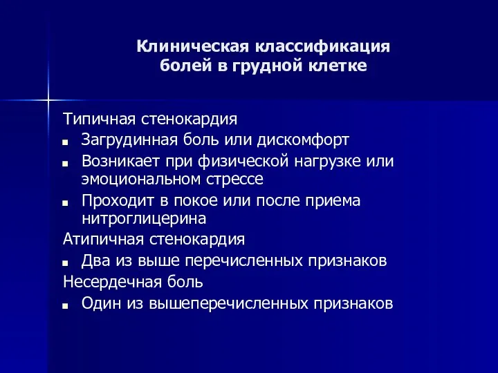 Клиническая классификация болей в грудной клетке Типичная стенокардия Загрудинная боль