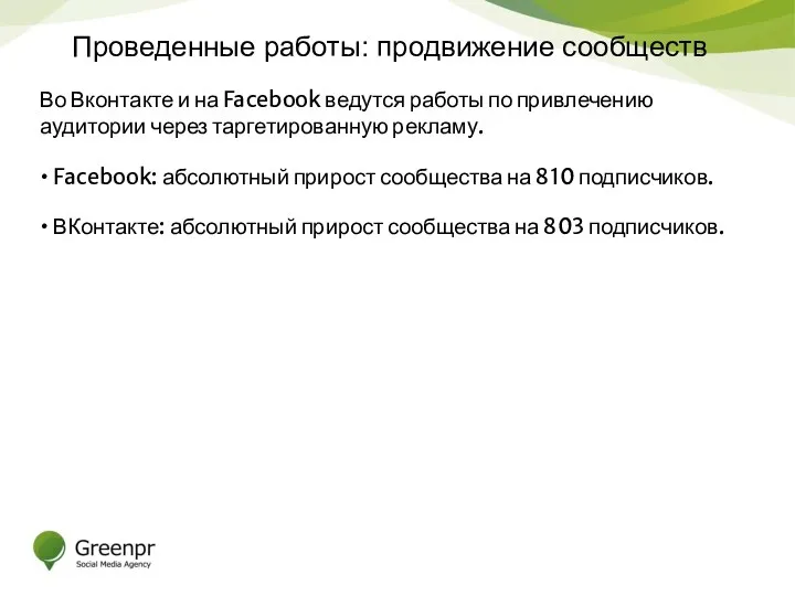Проведенные работы: продвижение сообществ Во Вконтакте и на Facebook ведутся работы по привлечению