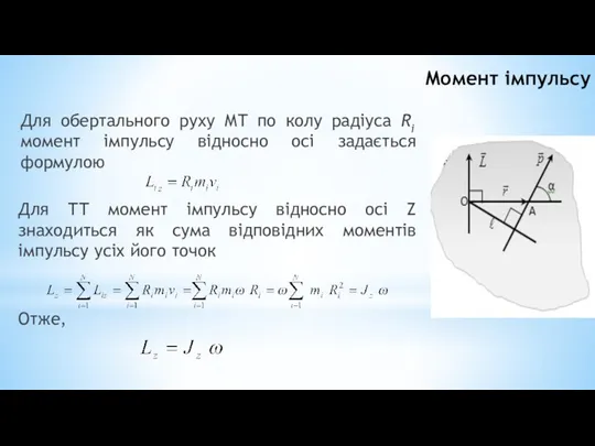 Момент імпульсу Для обертального руху МТ по колу радіуса Ri момент імпульсу відносно