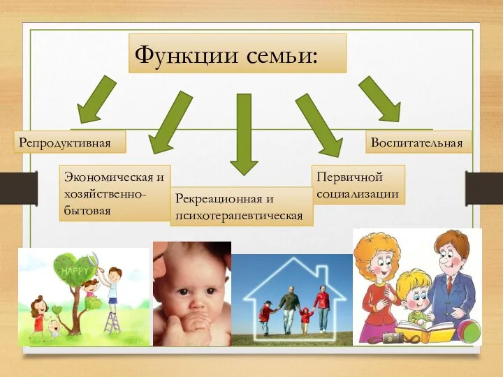 Функции семьи: Репродуктивная Экономическая и хозяйственно-бытовая Первичной социализации Воспитательная Рекреационная и психотерапевтическая