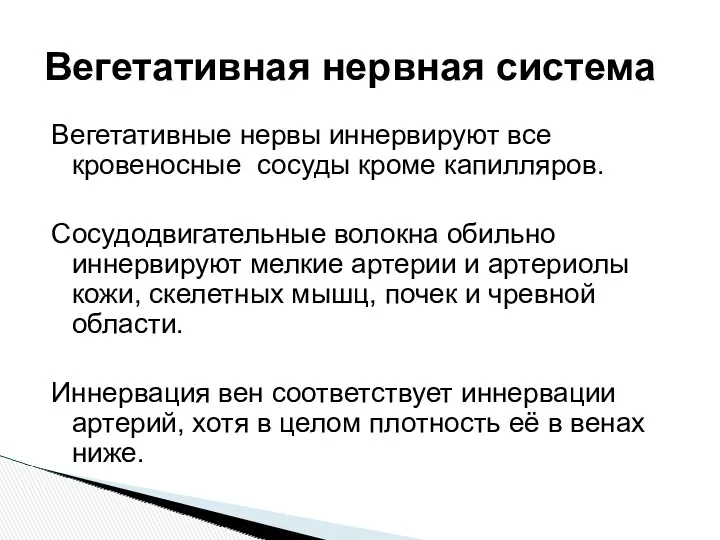 Вегетативные нервы иннервируют все кровеносные сосуды кроме капилляров. Сосудодвигательные волокна