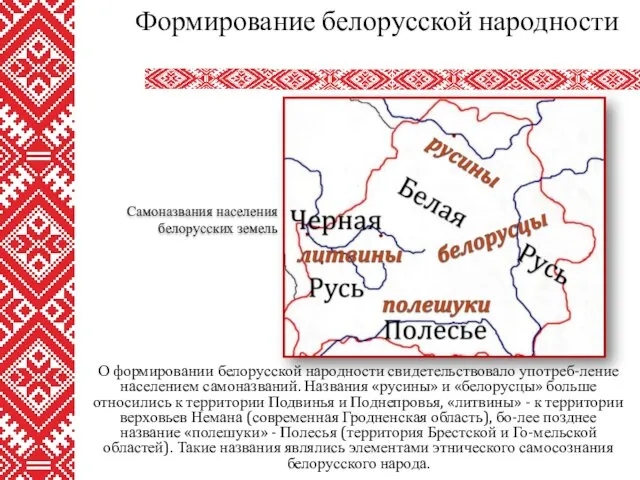 О формировании белорусской народности свидетельствовало употреб-ление населением самоназваний. Названия «русины»