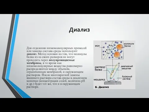 Диализ Для отделения низкомолекулярных примесей или замены состава среды используют