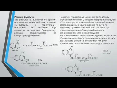 Реакция Сакагучи Эта реакция на аминокислоту аргинин основана на взаимодействии