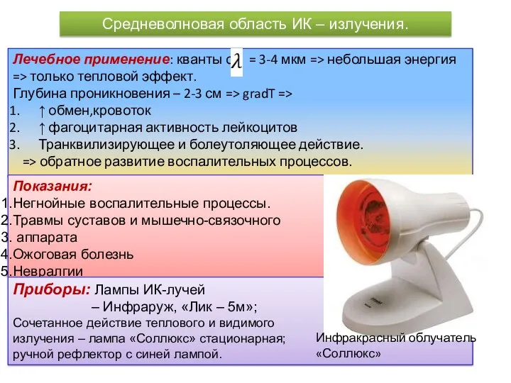 Средневолновая область ИК – излучения. Инфракрасный облучатель «Соллюкс»