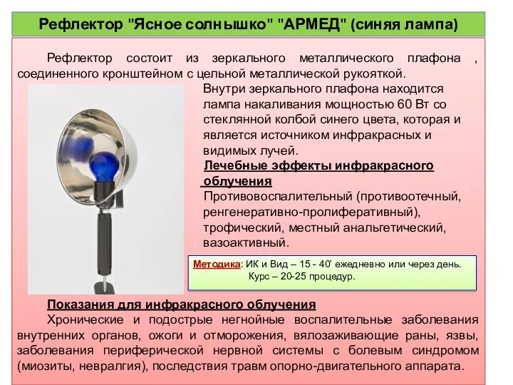 Рефлектор состоит из зеркального металлического плафона , соединенного кронштейном с