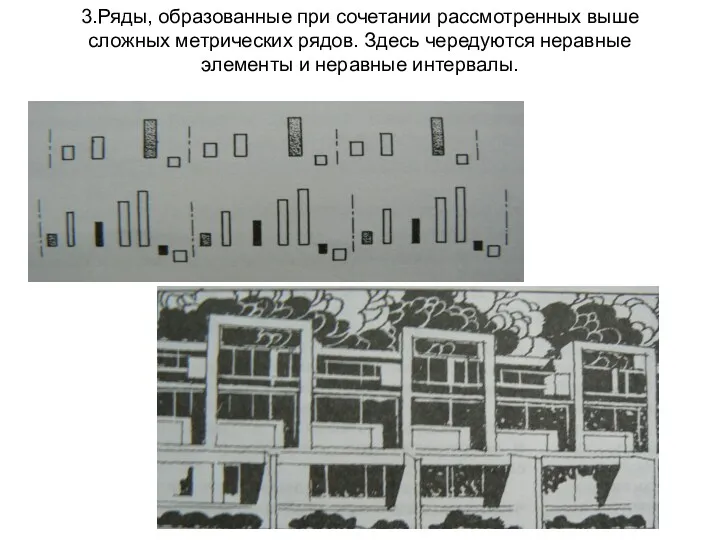 3.Ряды, образованные при сочетании рассмотренных выше сложных метрических рядов. Здесь чередуются неравные элементы и неравные интервалы.