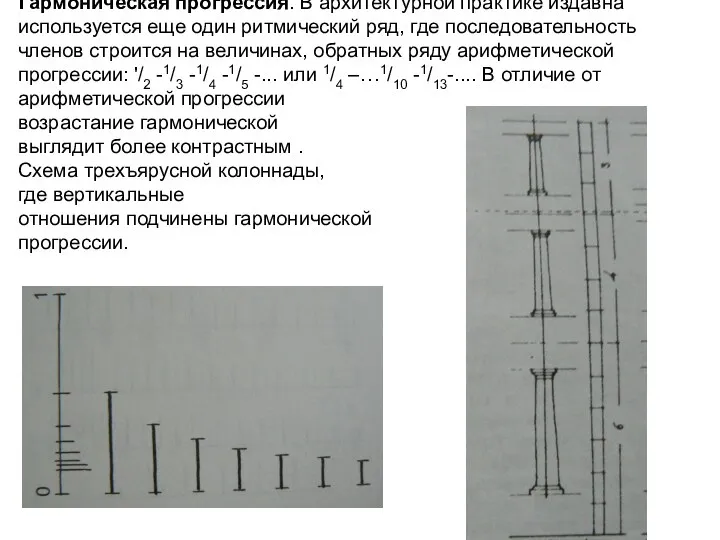 Гармоническая прогрессия. В архитектурной практике издавна используется еще один ритмический ряд, где последовательность