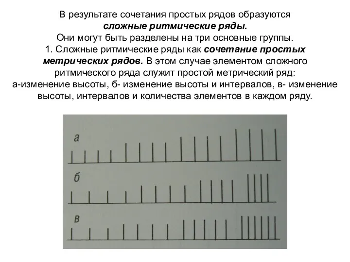 В результате сочетания простых рядов образуются сложные ритмические ряды. Они могут быть разделены