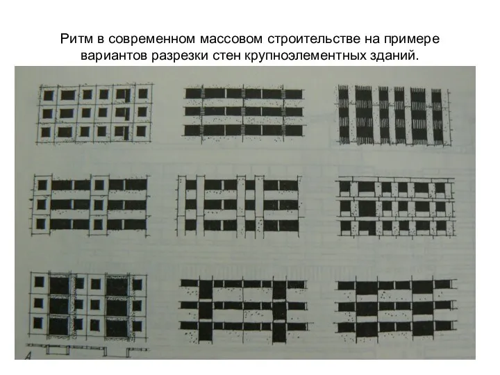 Ритм в современном массовом строительстве на примере вариантов разрезки стен крупноэлементных зданий.