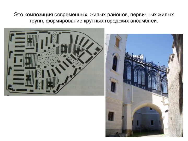 Это композиция современных жилых районов, первичных жилых групп, формирование крупных городских ансамблей.