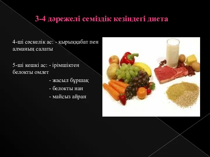 4-ші сәскелік ас: - қырыққабат пен алманың салаты 5-ші кешкі ас: - ірімшіктен