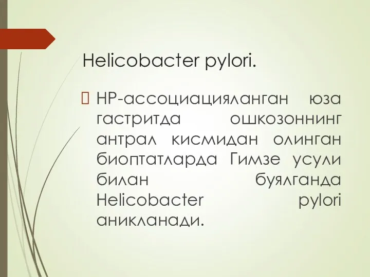 Helicobacter pylori. НР-ассоциацияланган юза гастритда ошкозоннинг антрал кисмидан олинган биоптатларда