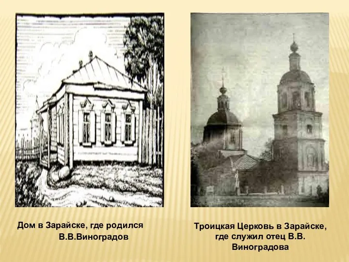 Дом в Зарайске, где родился В.В.Виноградов Троицкая Церковь в Зарайске, где служил отец В.В.Виноградова