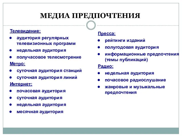 МЕДИА ПРЕДПОЧТЕНИЯ Пресса: рейтинги изданий полугодовая аудитория информационные предпочтения (темы