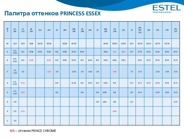 Палитра оттенков PRINCESS ESSEX 9/6 – оттенки PRINCE CHROME