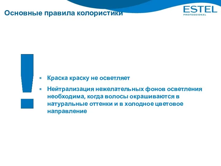 Основные правила колористики Краска краску не осветляет Нейтрализация нежелательных фонов