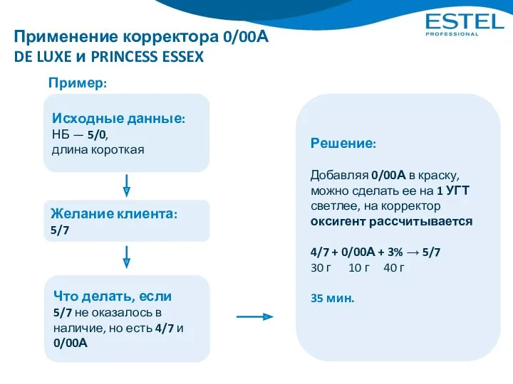 Применение корректора 0/00А DE LUXE и PRINCESS ESSEX Пример: Исходные