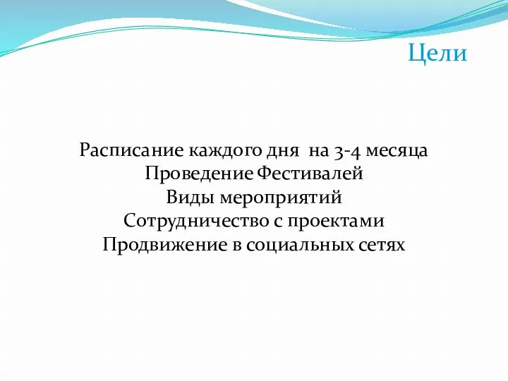 Цели Расписание каждого дня на 3-4 месяца Проведение Фестивалей Виды