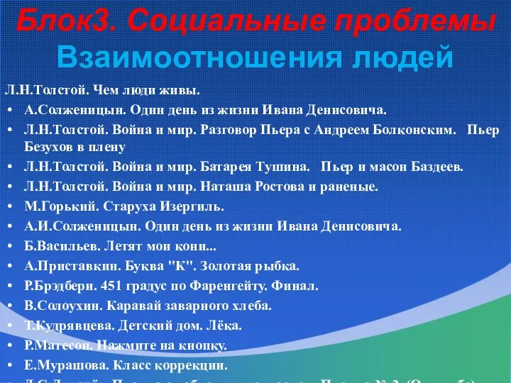 Блок3. Социальные проблемы Взаимоотношения людей Л.Н.Толстой. Чем люди живы. А.Солженицын.