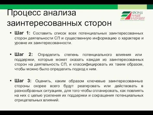 Процесс анализа заинтересованных сторон Шаг 1: Составить список всех потенциальных