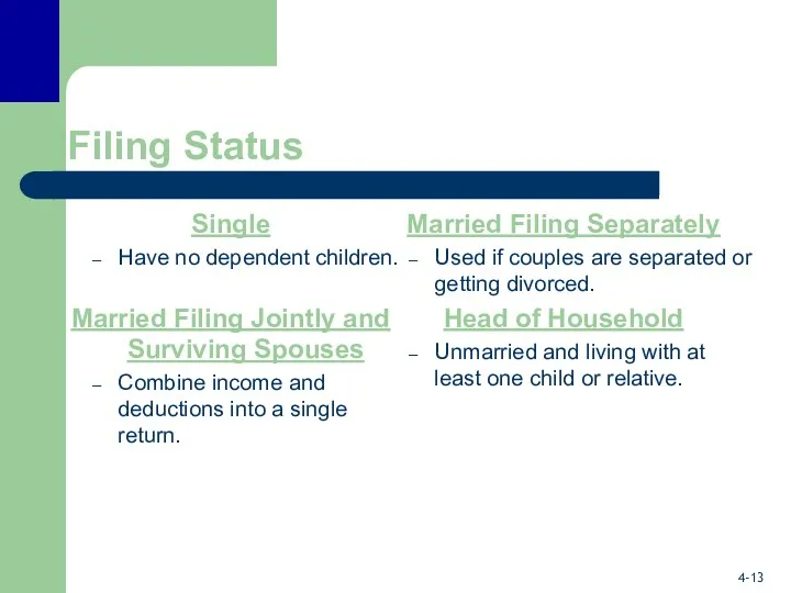 Filing Status Single Have no dependent children. Married Filing Jointly